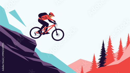 Adventurous mountain biker performing a high jump over a rocky cliff edge in a scenic forest landscape with pine trees and sunset colors.