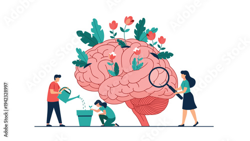 Mental health and personal growth concept shows people nurturing a giant human brain with blooming flowers and watering a small plant.