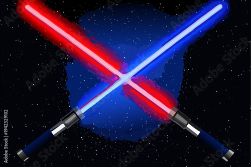 Two lightsabers one red and one blue clash against a starry background