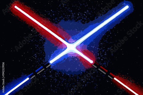 Two lightsabers one red and one blue clash against a starry background