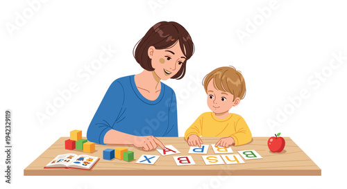 A smiling mother and a young child are sitting at a wooden table, learning letters with alphabet cards and blocks.