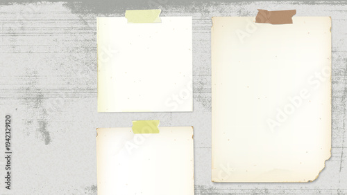 Three blank old notepaper stick by adhesive tape on old paper with ink stains from defect copy machine background