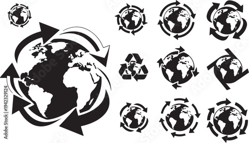 Earth Globe Recycling Symbols Black Icons Set Illustration