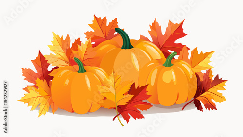 Autumn arrangement featuring vibrant pumpkins and colorful maple leaves