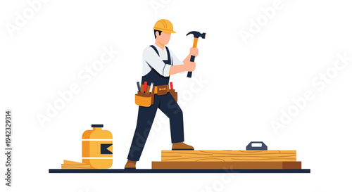 A male construction worker in a yellow hard hat and blue overalls stands on wooden planks, holding a hammer.