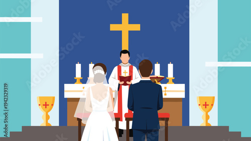 Traditional catholic wedding ceremony features a bride and groom standing before a priest at the altar inside a beautiful church interior.