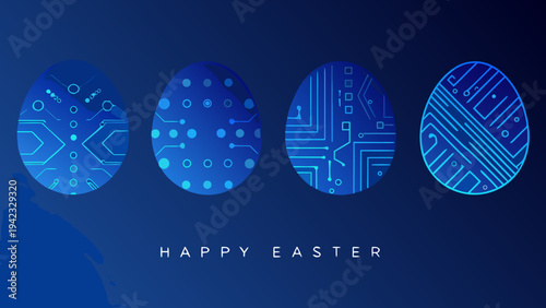 Abstract easter eggs with circuit board patterns and a dark blue background