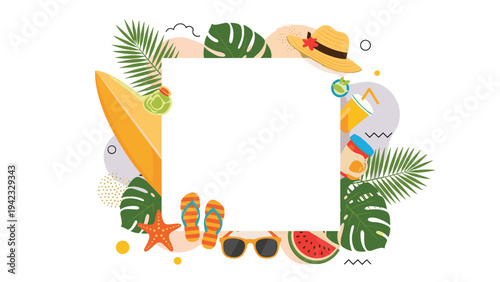 Tropical summer vacation frame with blank copy space features beach items like a surfboard sunglasses flip flops and refreshing watermelon.