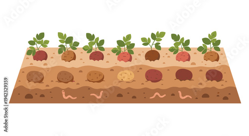 A detailed cross-section of soil displays a row of potato plants with green sprouts above ground, developing potatoes underground, and pink earthworms tunneling through the brown soil layers.