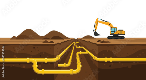 A yellow excavator digs near a trench where a branching network of yellow pipelines is already laid within the brown earth under a white sky.