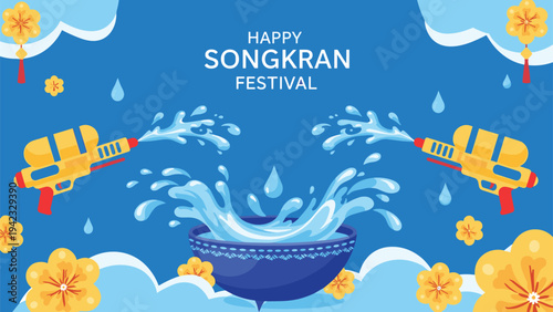 Songkran festival celebration features two yellow water guns splashing a large amount of water into a blue bowl against a bright blue sky.