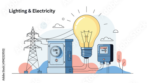 Lighting and electricity illustration showing a glowing light bulb connected to an electric meter power transformer and high voltage transmission lines.