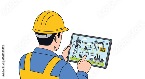 An engineer wearing a yellow hard hat and blue uniform holds a tablet displaying an intricate electrical power grid diagram with towers and substations against a white background.