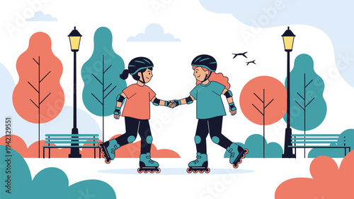 Two girls wearing safety gear and helmets roller skating together in a colorful public park while shaking hands as a sign of friendship or agreement.