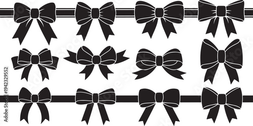 Black Bows on White Background with Ribbons and Lines