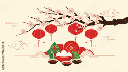 Traditional Chinese food and festive decorations featuring tangyuan sweet soup dumplings zongzi rice dumplings red lanterns and cherry branches.