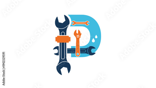 Creative logo design featuring the letter P integrated with various mechanical hand tools such as wrenches and adjustable spanners in blue and orange.