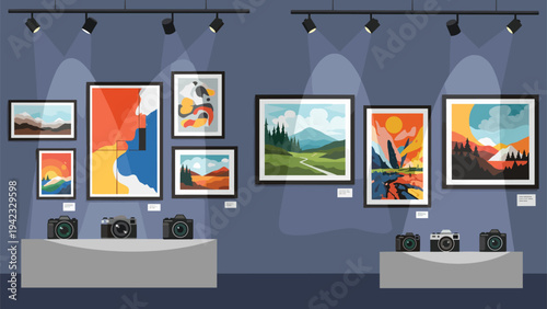 Interior view of a photography gallery exhibition featuring various framed landscape photos displayed on walls with spotlights and cameras.