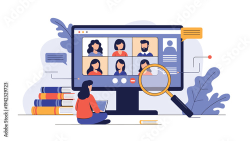 Online education or remote work illustration showing a woman sitting in front of a large monitor displaying a video conference with participants.