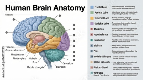 Detailed Illustration of Human Brain Anatomy with Labeled Lobes and Structures for Educational Use