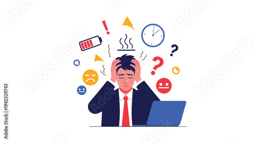 Workplace stress and burnout illustration featuring a man sitting at a laptop holding his head with various symbols of pressure and deadlines.