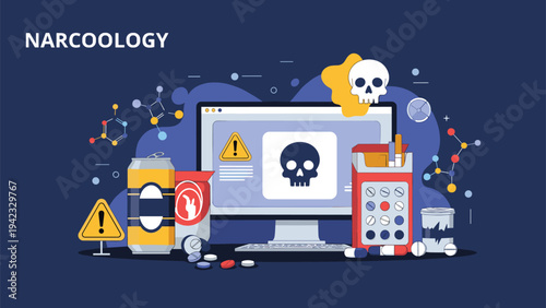 Narcology and addiction awareness concept illustration with a skull on a monitor surrounded by alcohol cigarettes pills and chemical symbols.