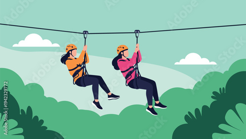 Adventure sports illustration showing two women wearing helmets and safety harnesses gliding on a zipline over a lush green forest landscape.