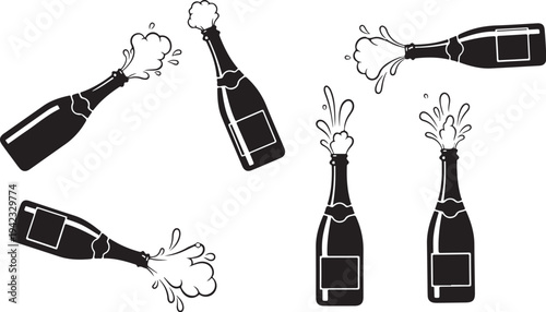 Champagne bottles popping in celebration and joyful festive scenes