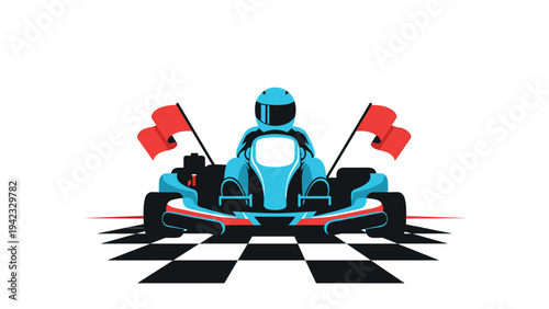 Go-kart racing illustration featuring a driver in a blue kart wearing a helmet and racing across a checkered finish line with red flags.