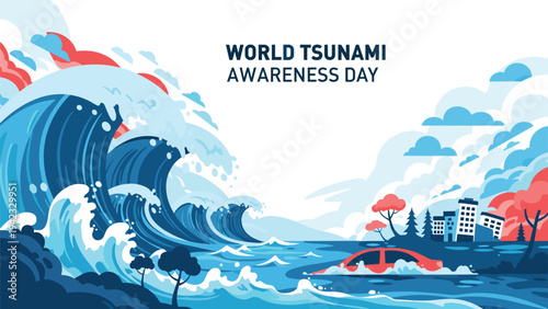 World Tsunami Awareness Day conceptual illustration depicting a giant ocean wave crashing toward a city with a submerged red car and buildings.