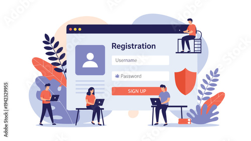 Diverse group of people interacting with digital registration form on large computer screen for online sign up and account security.
