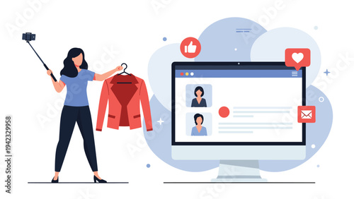 Female fashion blogger recording video for social media channel while holding stylish red jacket near large computer screen.