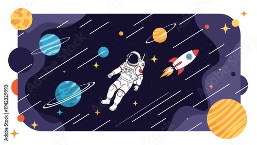 Astronaut floats gracefully through the vast cosmos surrounded by vibrant planets and a speeding rocket ship in deep space.