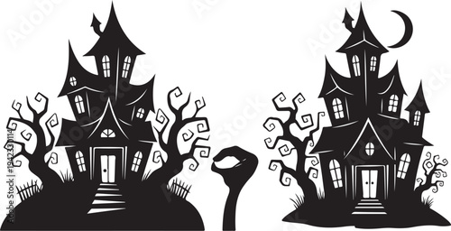 Spooky haunted houses with trees and moon at night