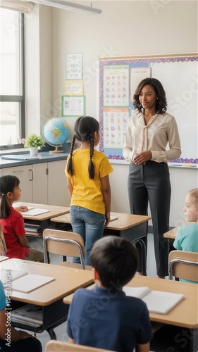 African American female teacher answering questions for elementary students in a vertical video