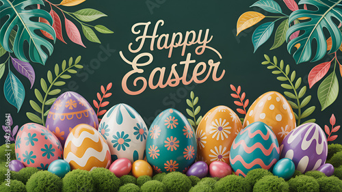 Vibrant easter eggs with floral patterns and happy easter text on dark green background with leaves
