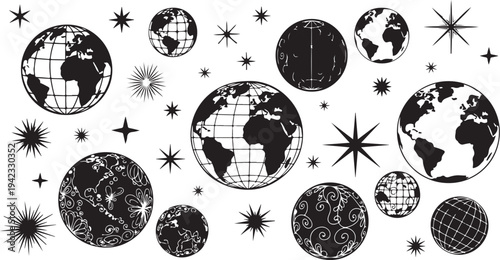 Black and white illustration of globes with starry background