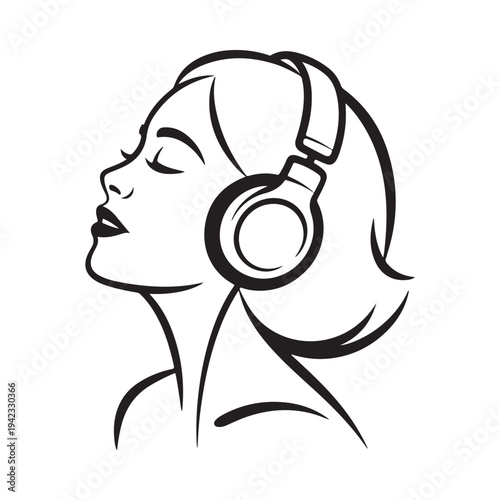 A serene woman enjoys music through headphones depicted in a simple black and white line art style