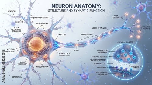 Detailed Diagram of Neuron Anatomy with Synaptic Function and Structure Illustration