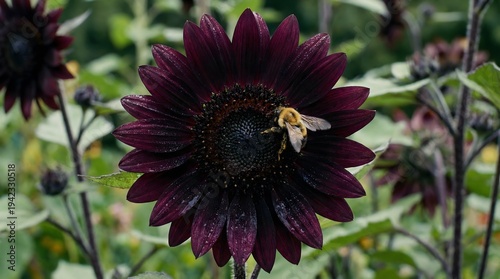 Bee pollinating dark red sunflower with water droplets in a garden