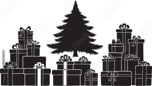 Black and White Christmas Tree with Wrapped Presents Illustration