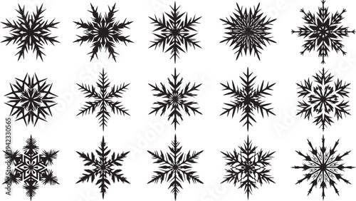 Collection of unique black snowflakes on white background illustration