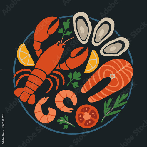 Seafood Platter Illustration with Lobster Salmon Oysters and Shrimp on Dark Background