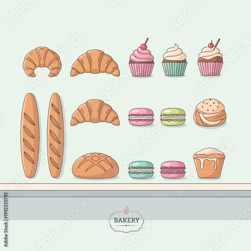 Vector Illustration Set of Bakery Products, Pastries, Bread, and Sweet Desserts