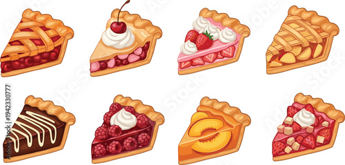 Assorted fruit pie slices set including cherry strawberry raspberry peach apple and chocolate pies colorful bakery dessert vector illustration collection