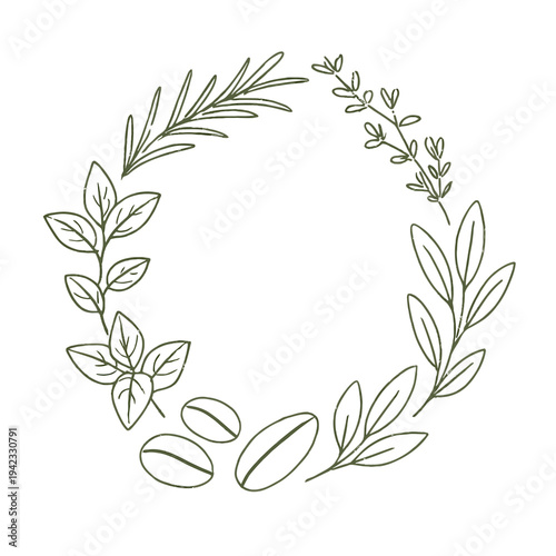 Hand-Drawn Herbal Wreath with Coffee Beans Minimalist Botanical Frame Illustration