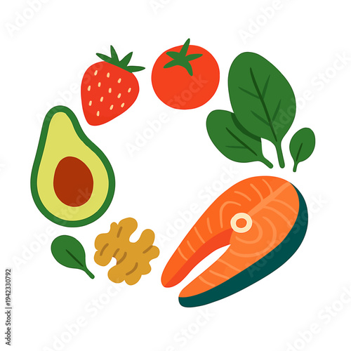 Healthy Food Flat Illustration with Salmon Avocado Tomato Spinach and Strawberry on White Background
