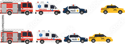 Emergency service vehicles set including fire truck, ambulance, police car and taxi, city transport rescue fleet illustration, public safety transport vector collection