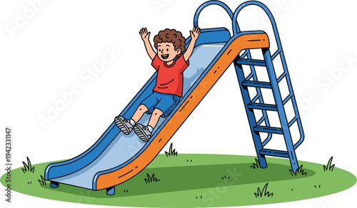 Happy child sliding on playground slide cartoon illustration kid playing outdoor park activity fun childhood recreation colorful vector design