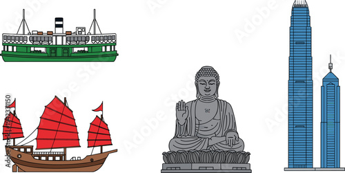 Hong Kong cultural landmarks and transport icons set including Star Ferry, traditional junk boat, Tian Tan Buddha statue and modern skyline vector illustration